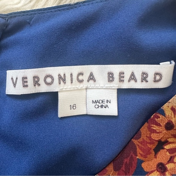 Veronica Beard Dress Hedera Ruched Silk Ruffle Mini Floral Electric Blue Sz 16 - Picture 8 of 12